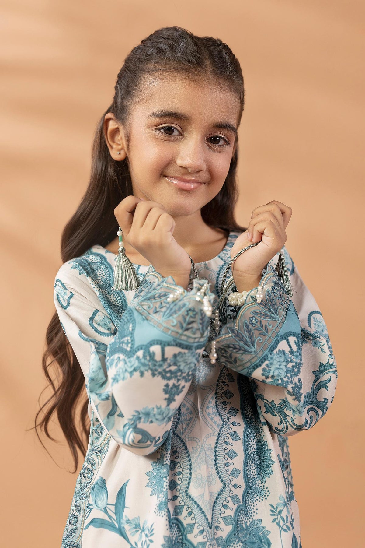 2 Piece Printed & Embroidered Mat-Satin Kaftan