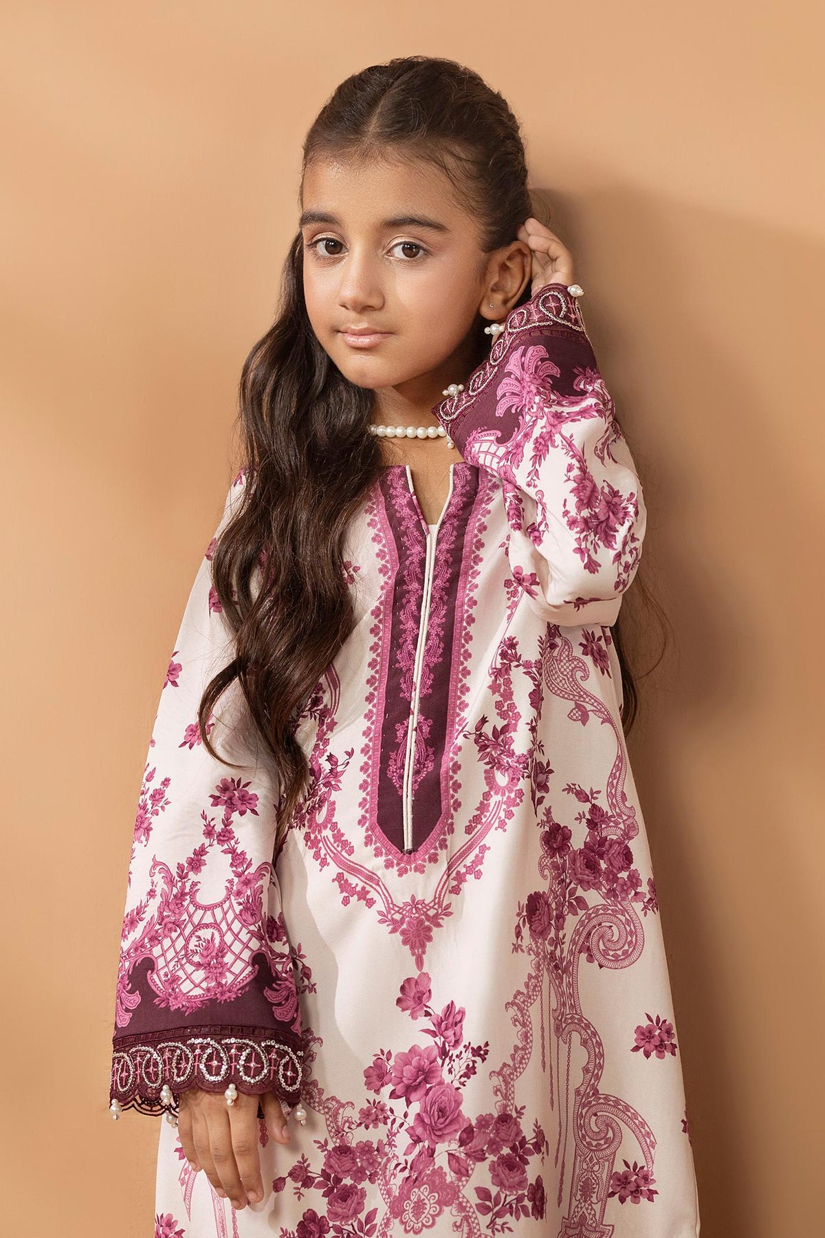 2 Piece Printed & Embroidered Mat-Satin Kaftan