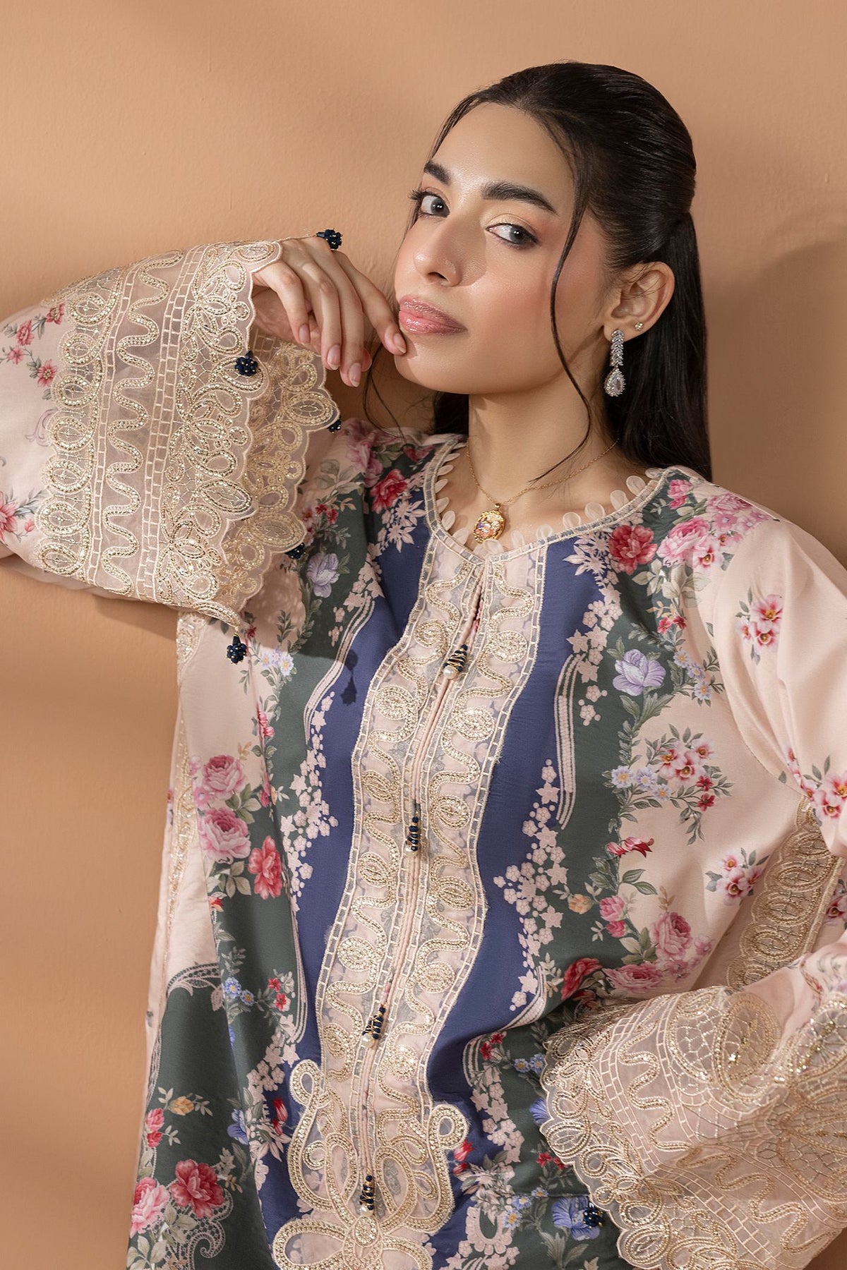 2 Piece Printed & Embroidered Mat-Satin Kaftan