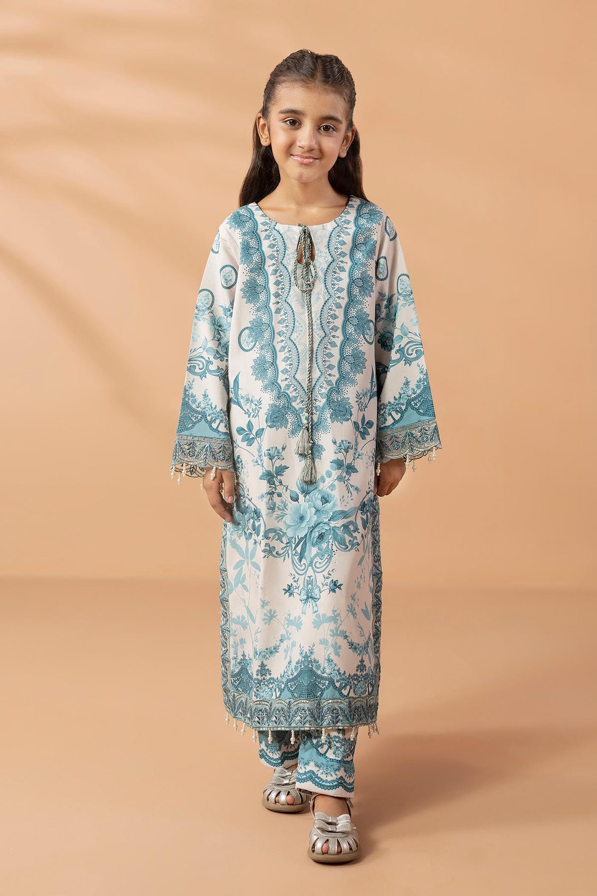 2 Piece Printed & Embroidered Mat-Satin Kaftan