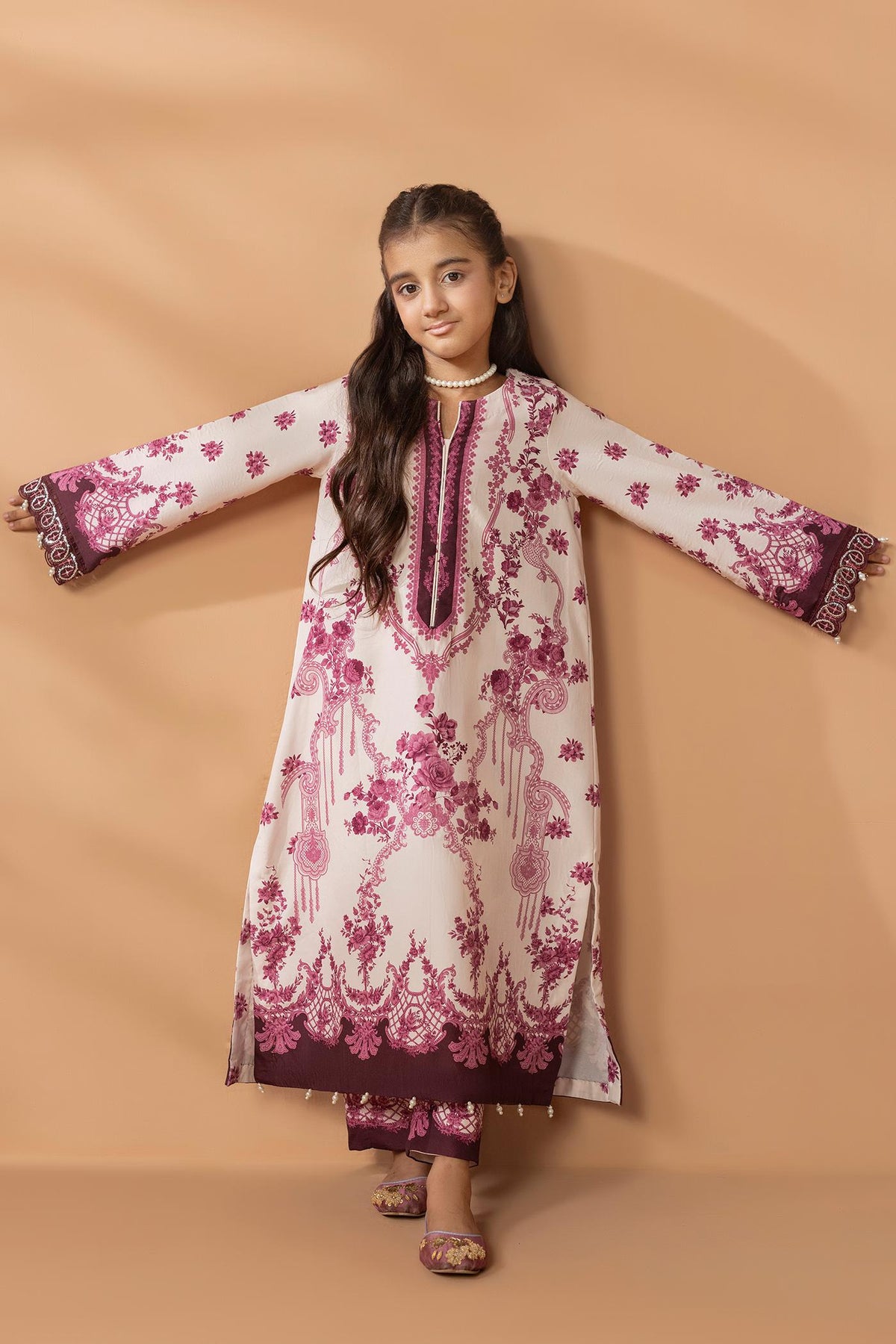2 Piece Printed & Embroidered Mat-Satin Kaftan