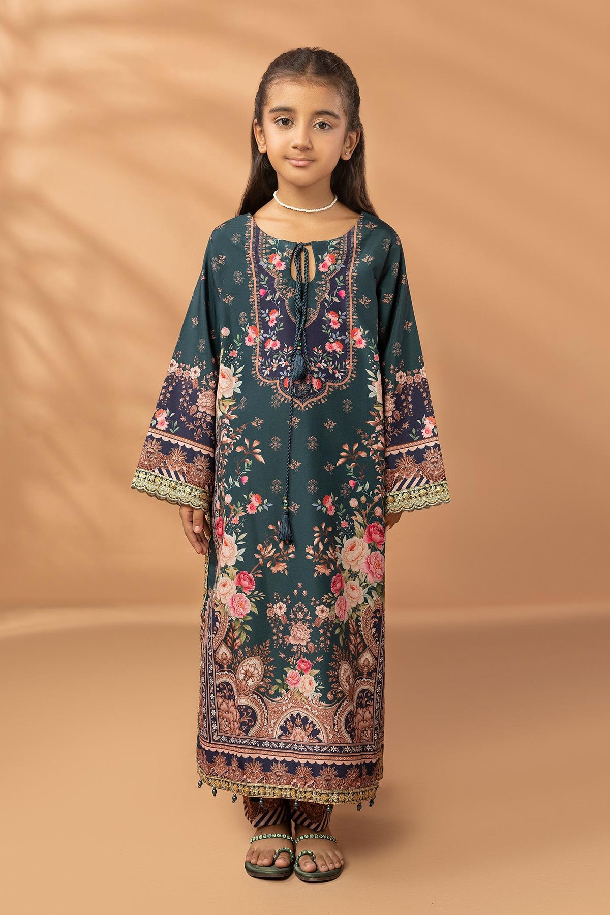2 Piece Printed & Embroidered Mat-Satin Kaftan