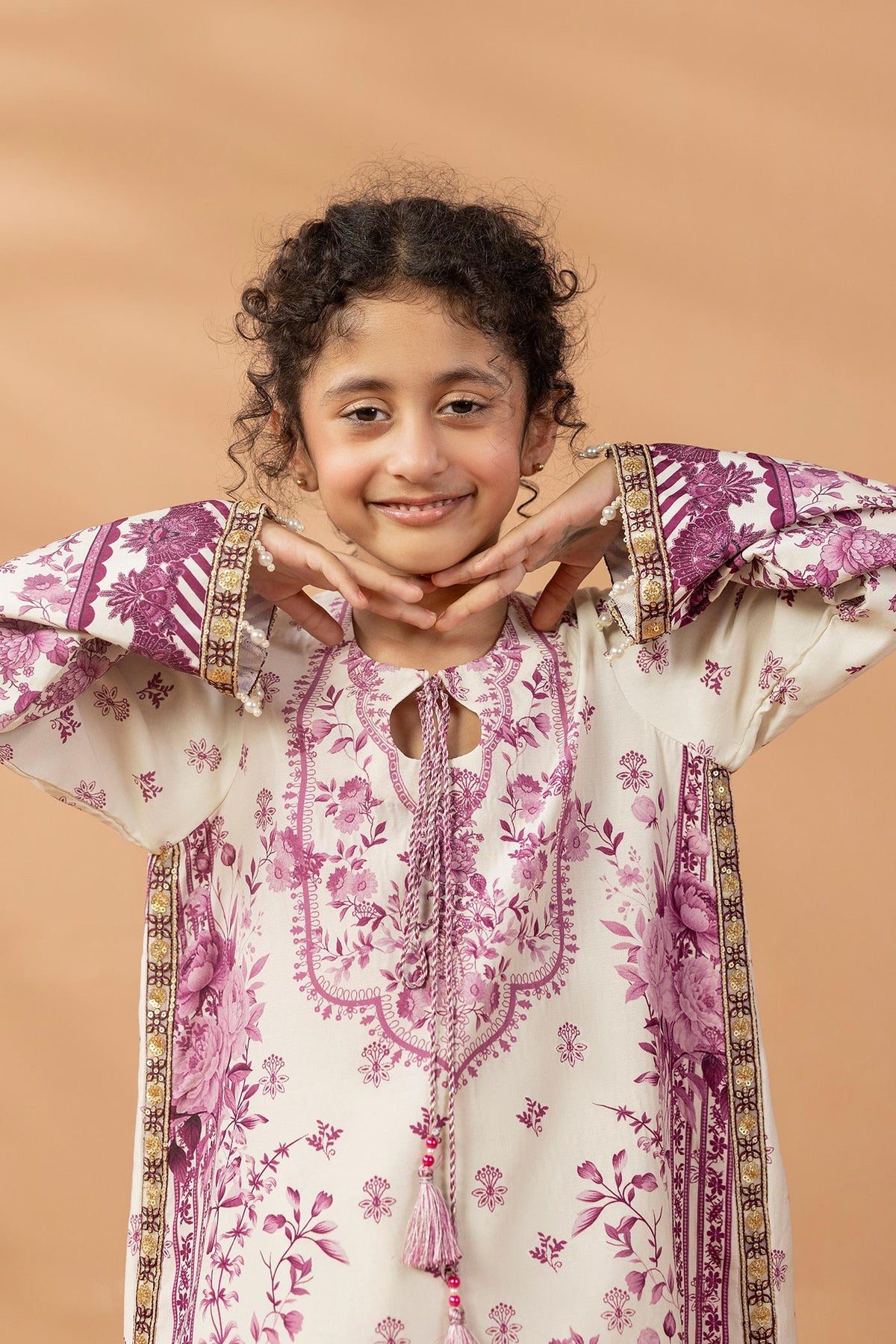 2 Piece Printed & Embroidered Mat-Satin Kaftan