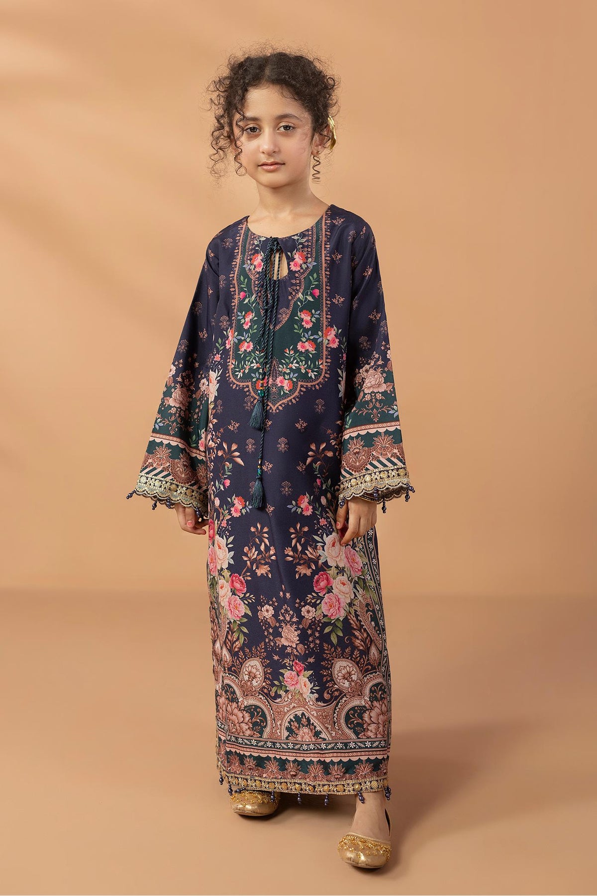 2 Piece Printed & Embroidered Mat-Satin Kaftan