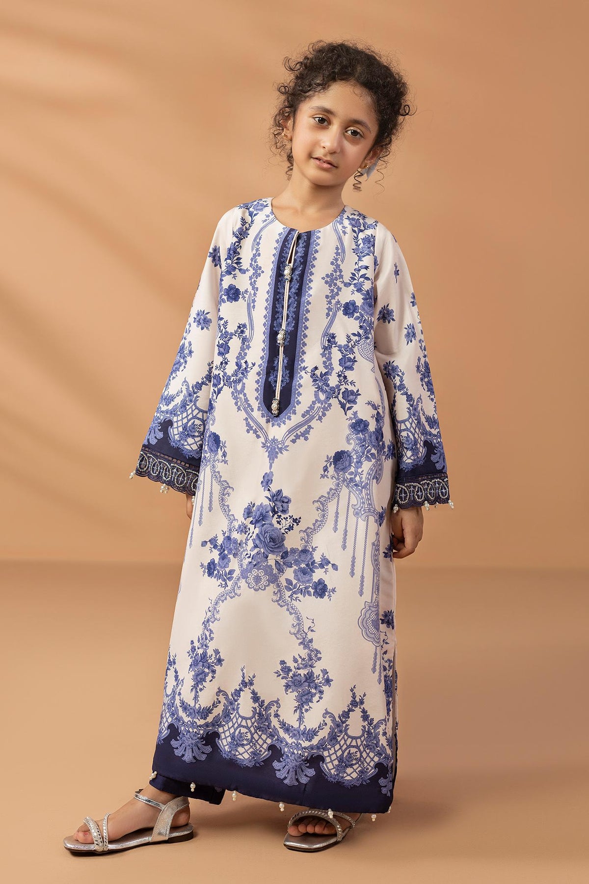2 Piece Printed & Embroidered Mat-Satin Kaftan