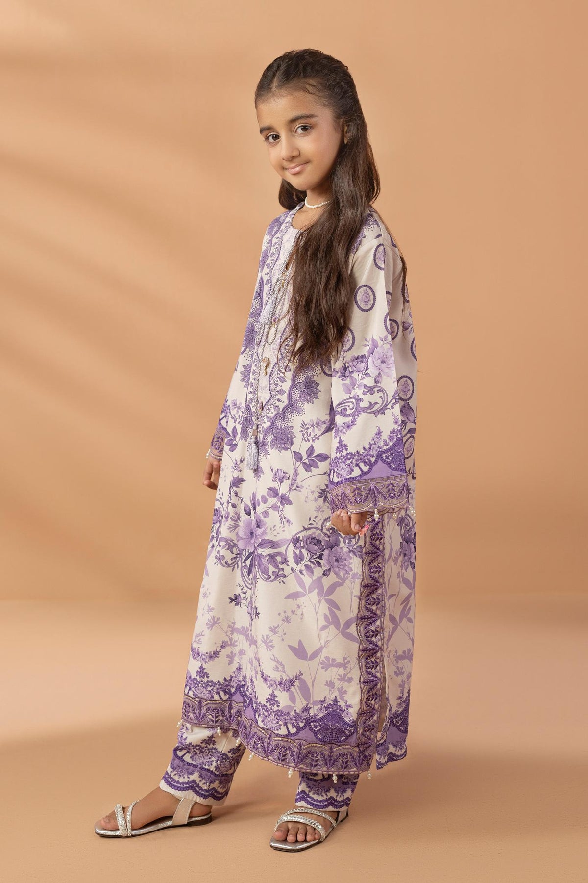 2 Piece Printed & Embroidered Mat-Satin Kaftan