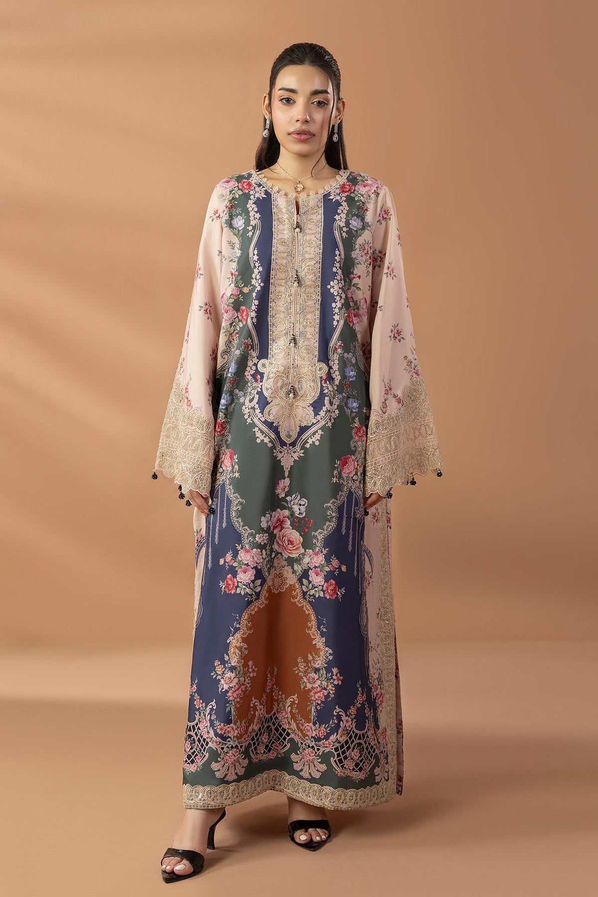 2 Piece Printed & Embroidered Mat-Satin Kaftan