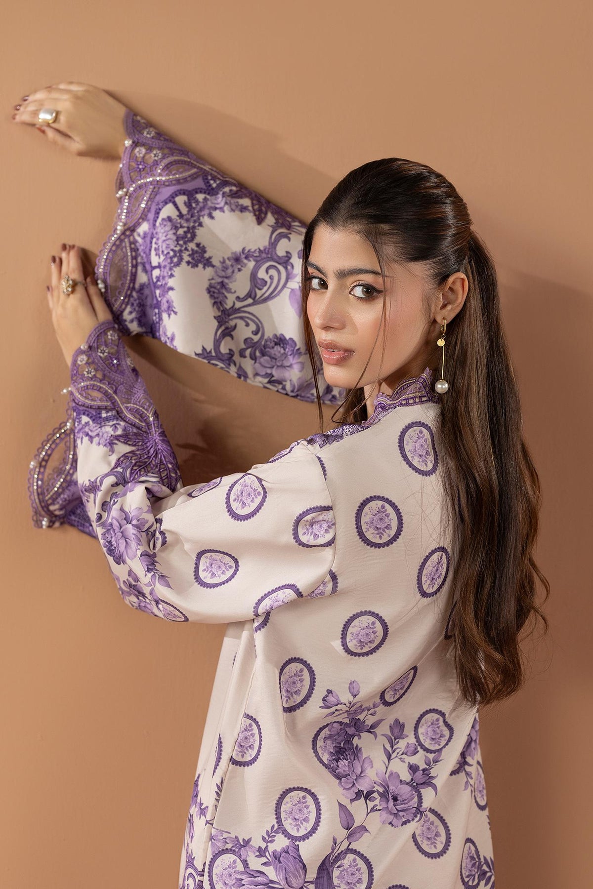 2 Piece Printed & Embroidered Mat-Satin Kaftan