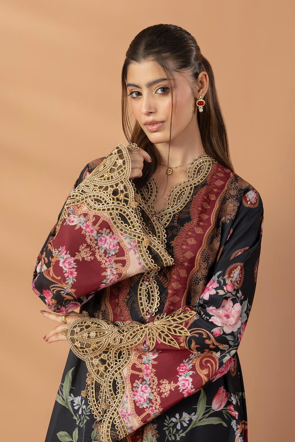 2 Piece Printed & Embroidered Mat-Satin Kaftan