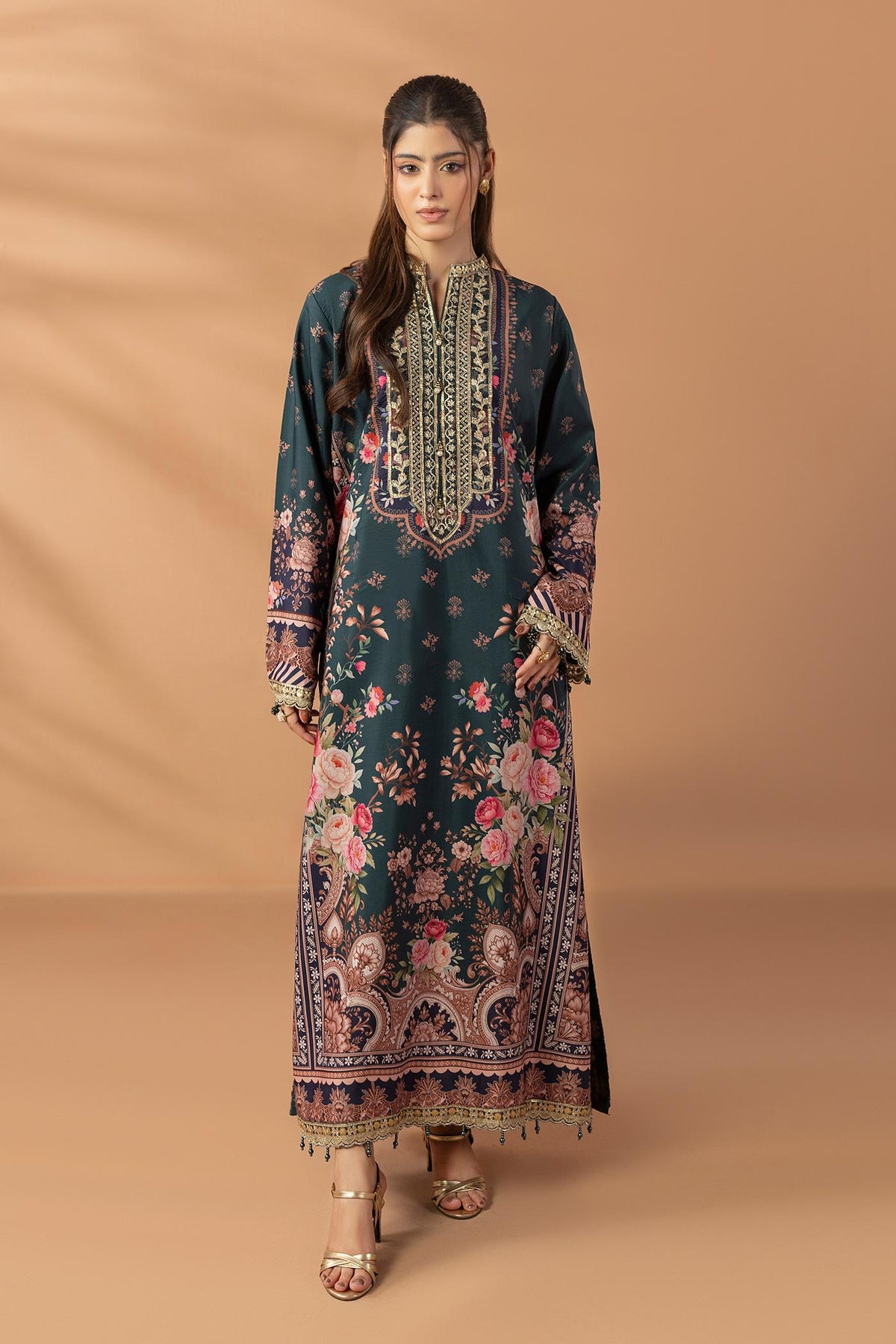 2 Piece Printed & Embroidered Mat-Satin Kaftan