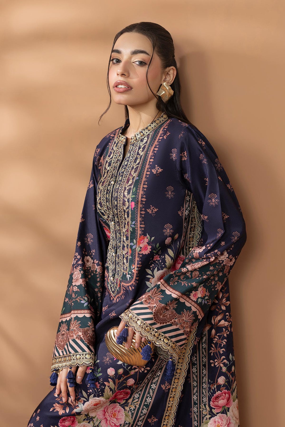 2 Piece Printed & Embroidered Mat-Satin Kaftan