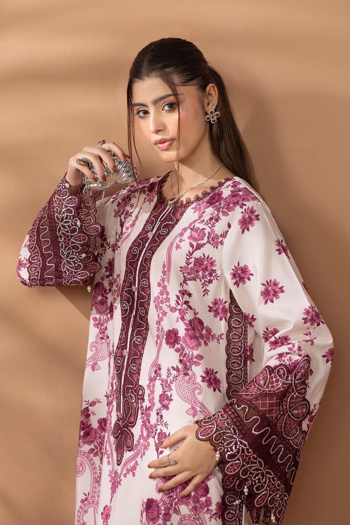 2 Piece Printed & Embroidered Mat-Satin Kaftan
