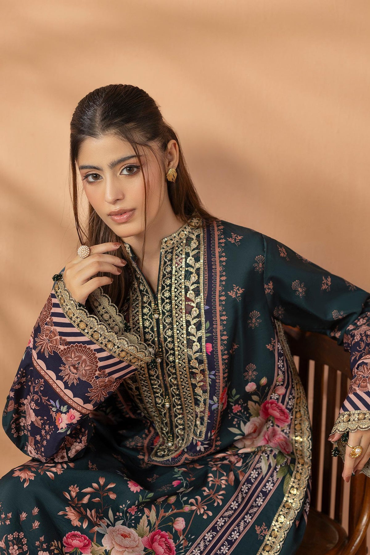 2 Piece Printed & Embroidered Mat-Satin Kaftan