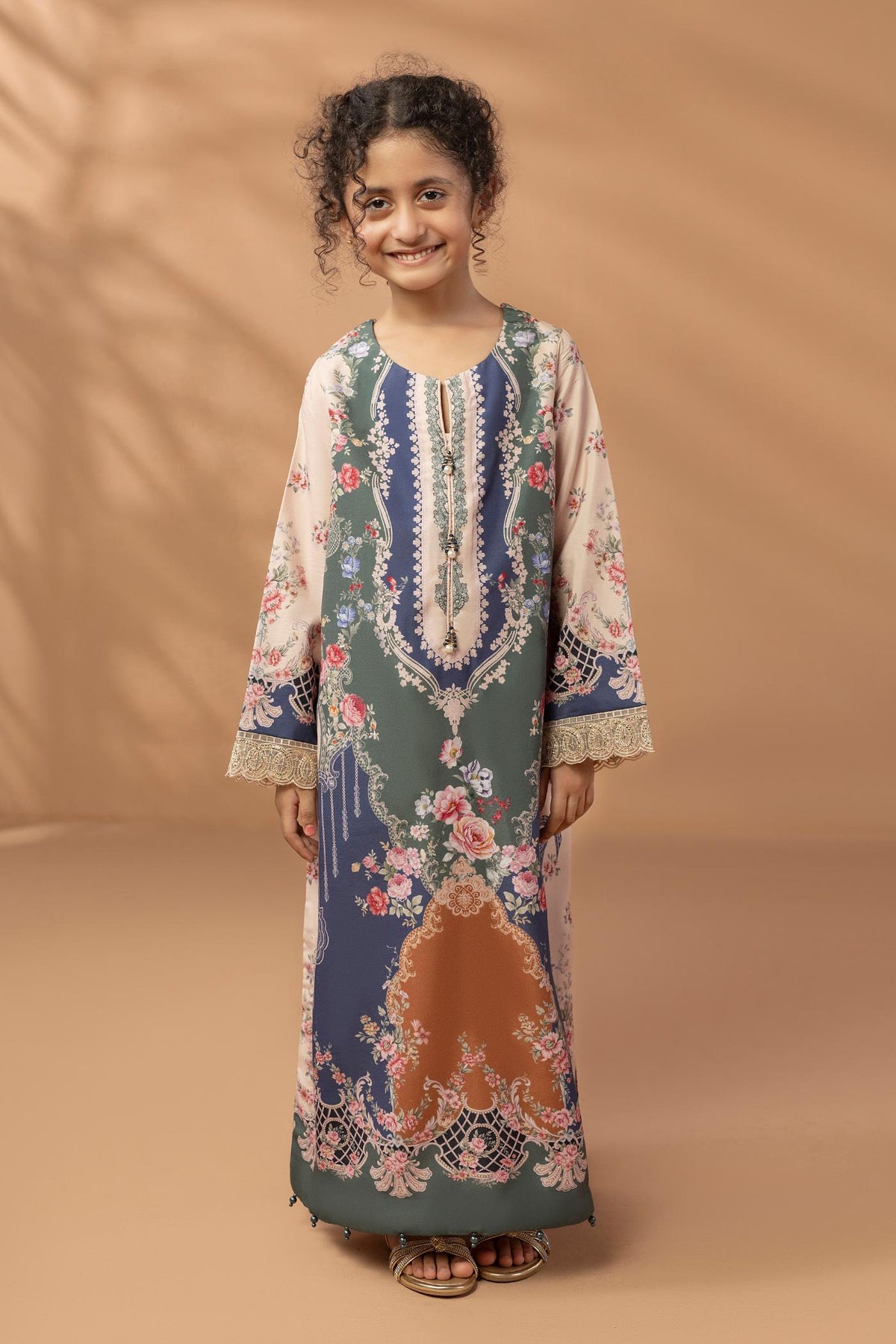 2 Piece Printed & Embroidered Mat-Satin Kaftan