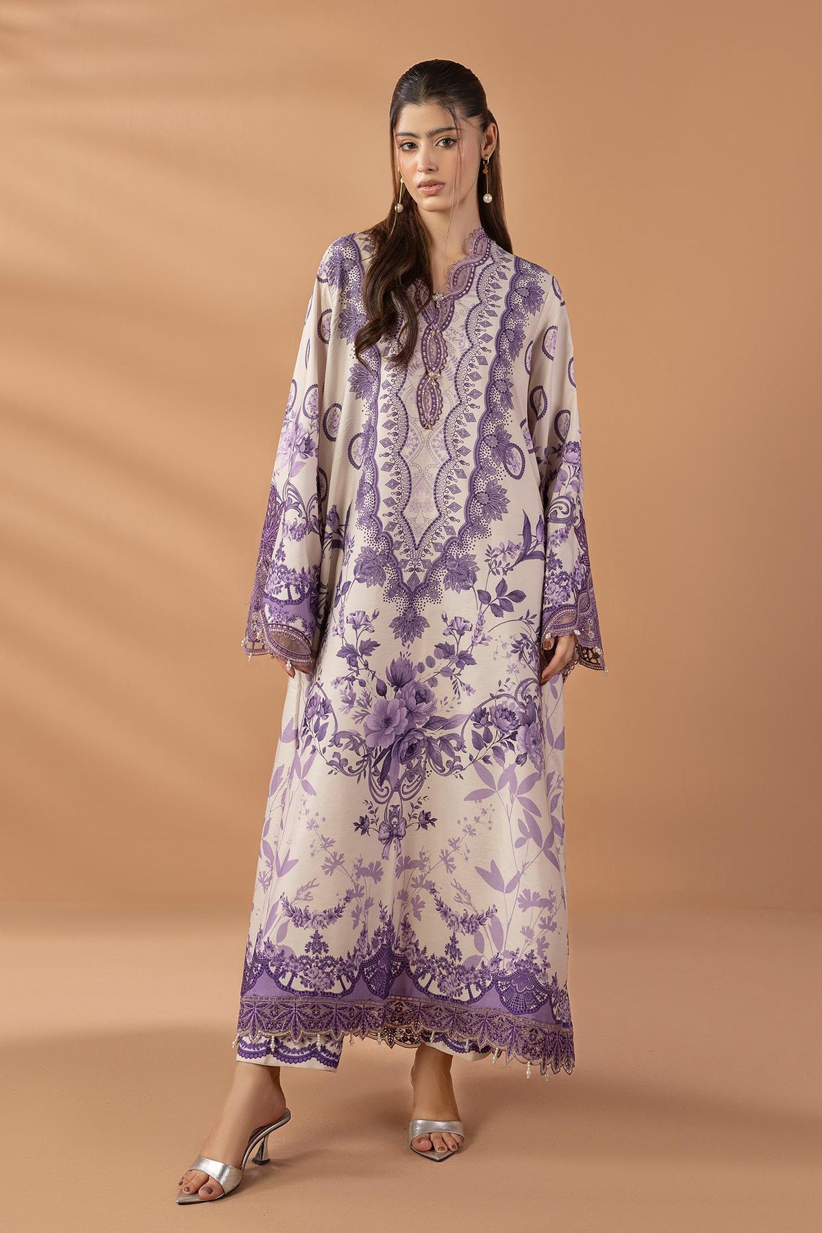 2 Piece Printed & Embroidered Mat-Satin Kaftan