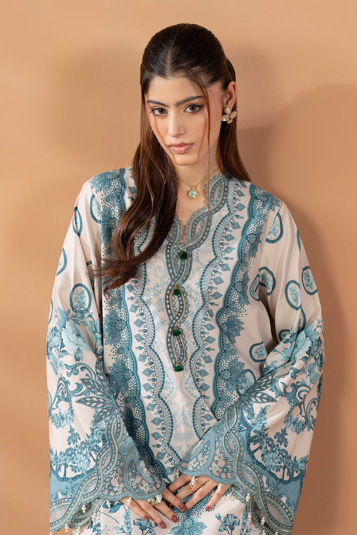 2 Piece Printed & Embroidered Mat-Satin Kaftan
