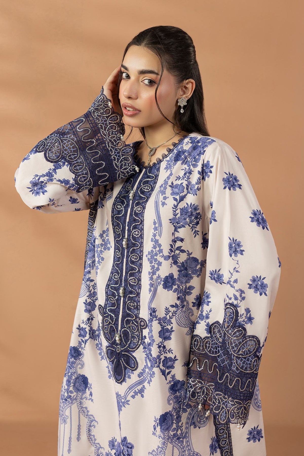 2 Piece Printed & Embroidered Mat-Satin Kaftan