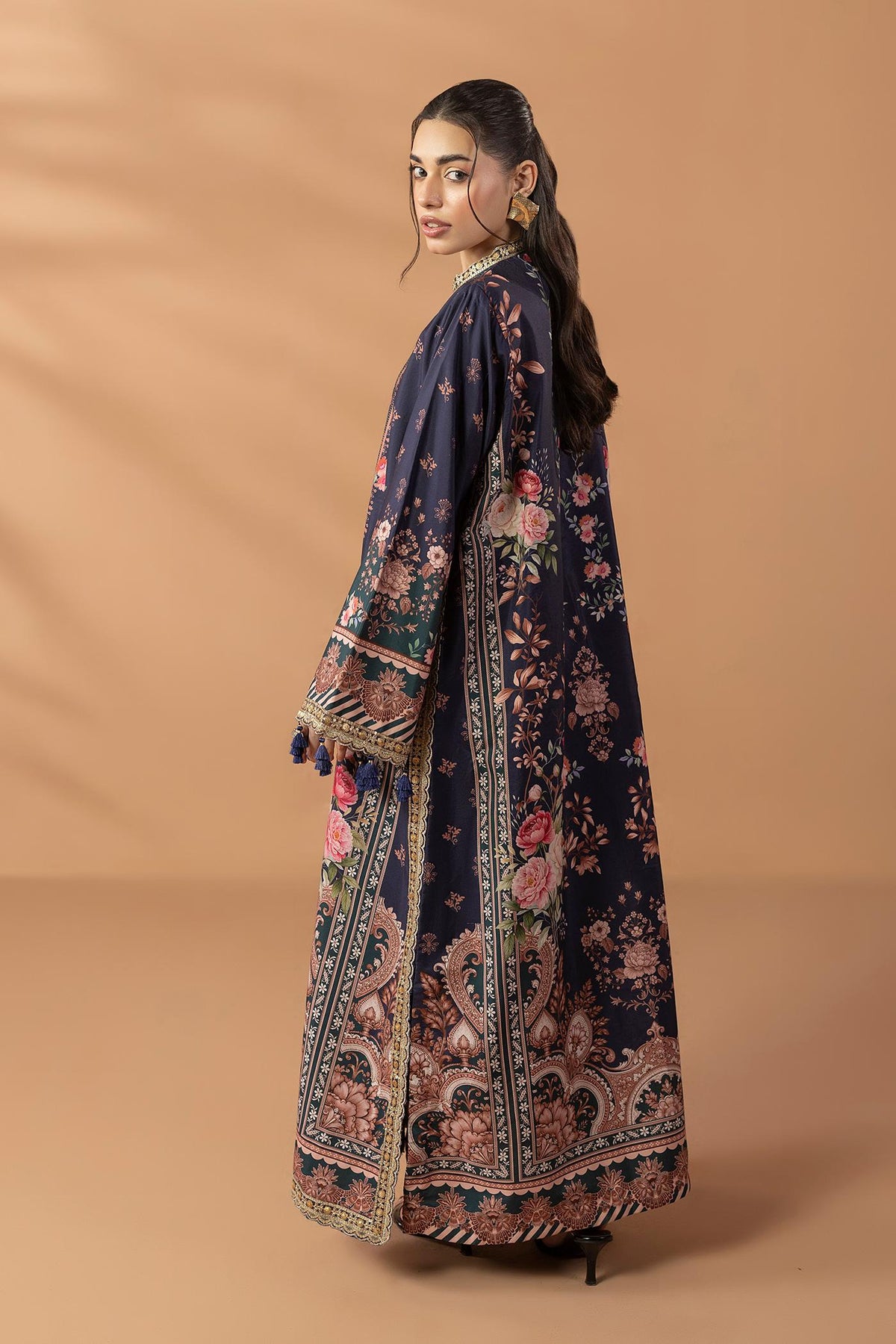 2 Piece Printed & Embroidered Mat-Satin Kaftan