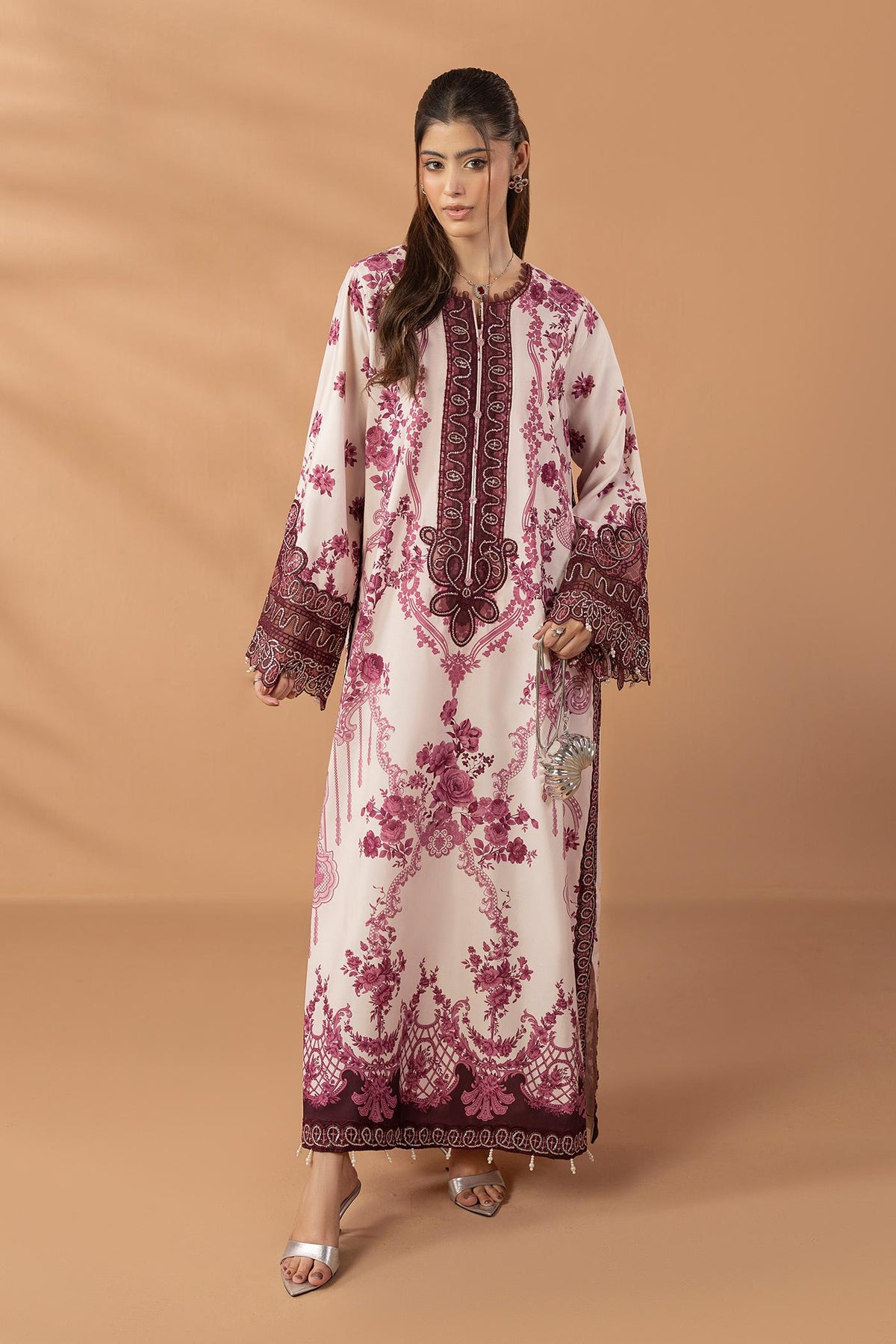 2 Piece Printed & Embroidered Mat-Satin Kaftan