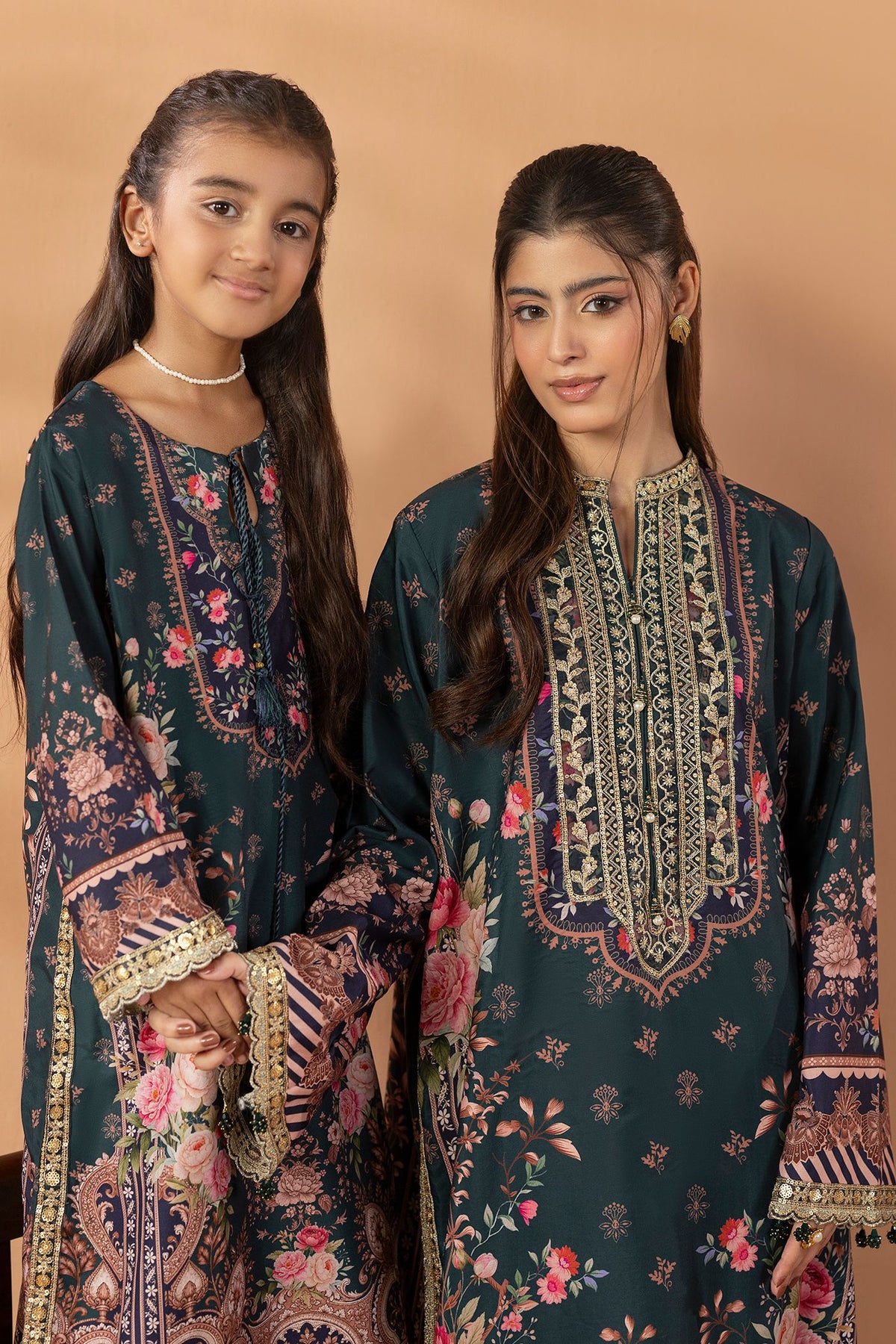 2 Piece Printed & Embroidered Mat-Satin Kaftan