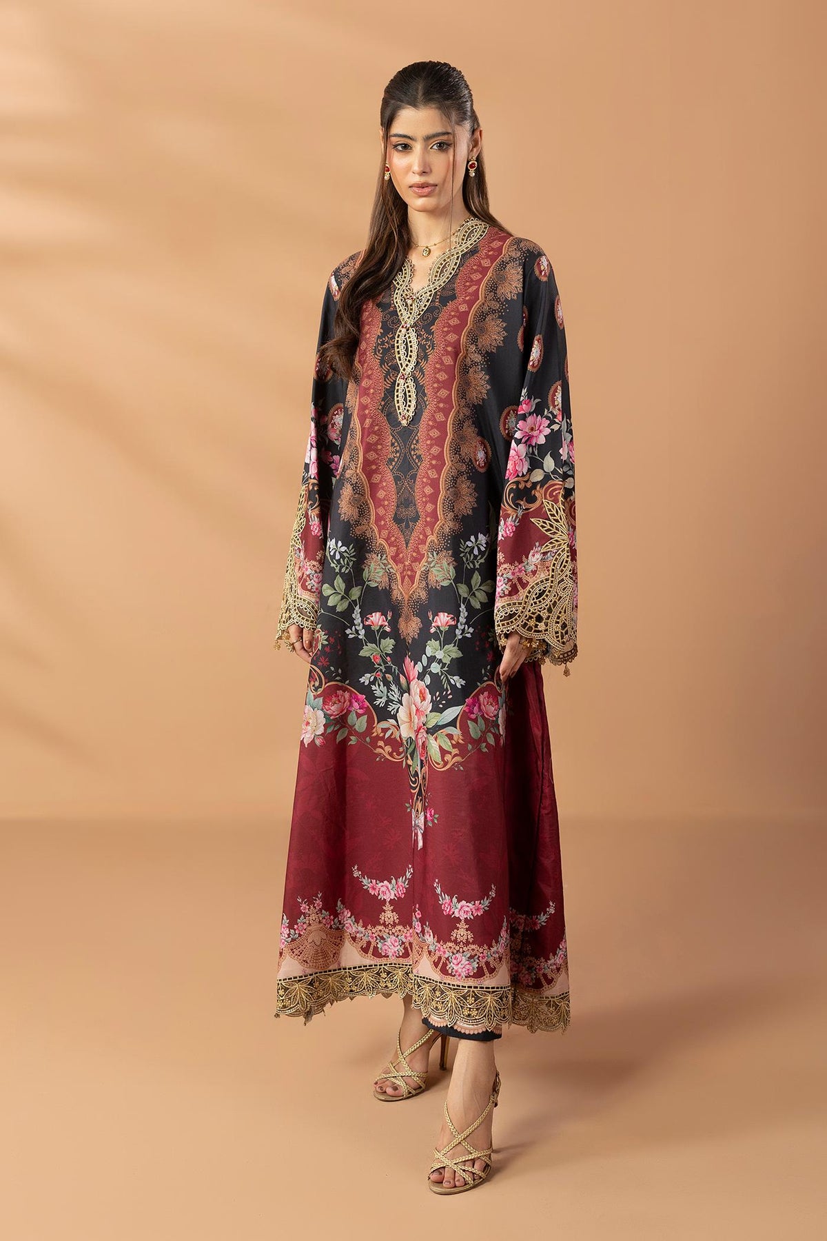 2 Piece Printed & Embroidered Mat-Satin Kaftan