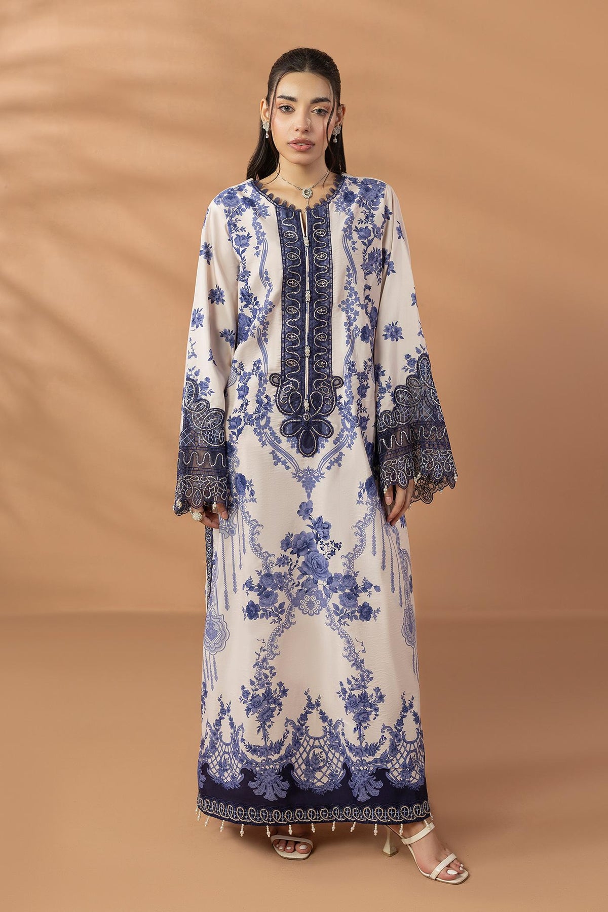 2 Piece Printed & Embroidered Mat-Satin Kaftan