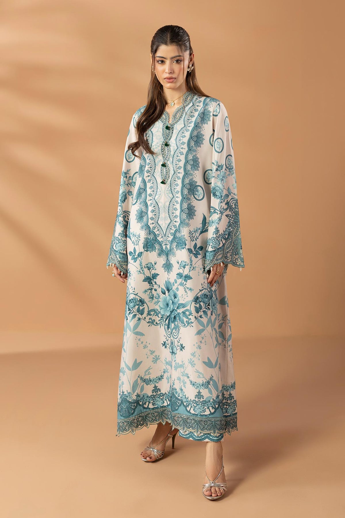 2 Piece Printed & Embroidered Mat-Satin Kaftan