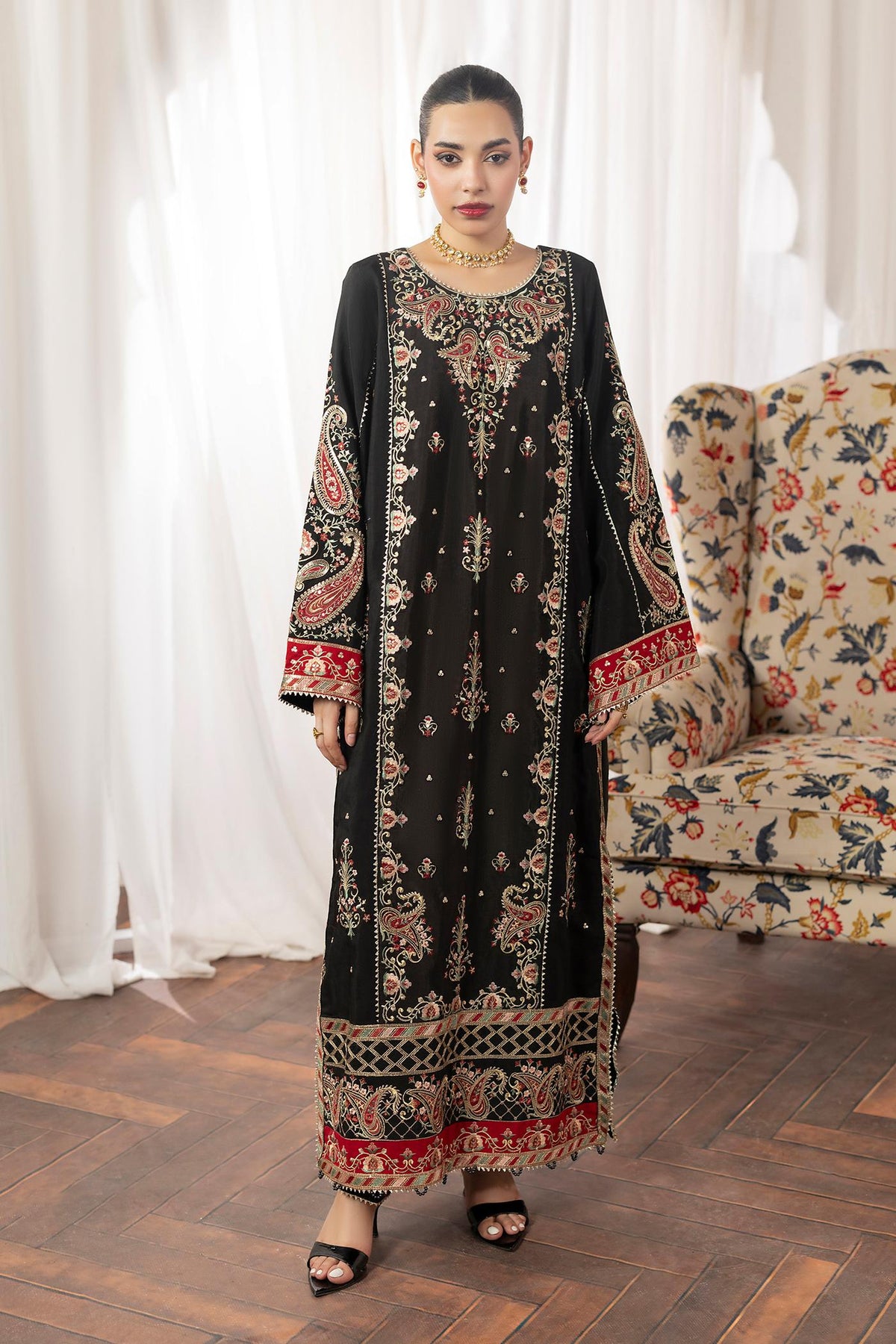2 Piece Embroidered Raw-Silk Kaftan