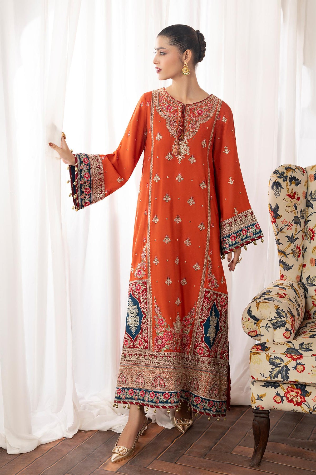 2 Piece Embroidered Raw-Silk Kaftan