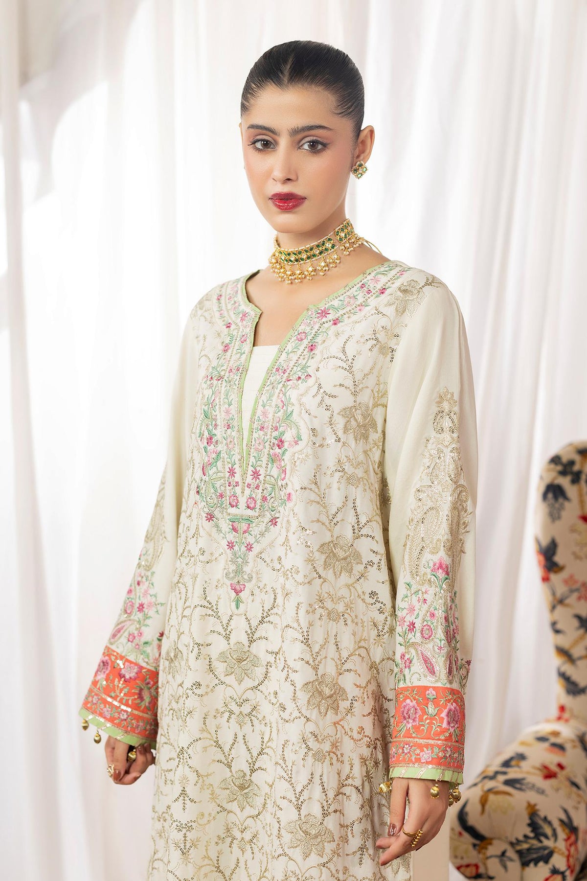 2 Piece Embroidered Raw-Silk Kaftan