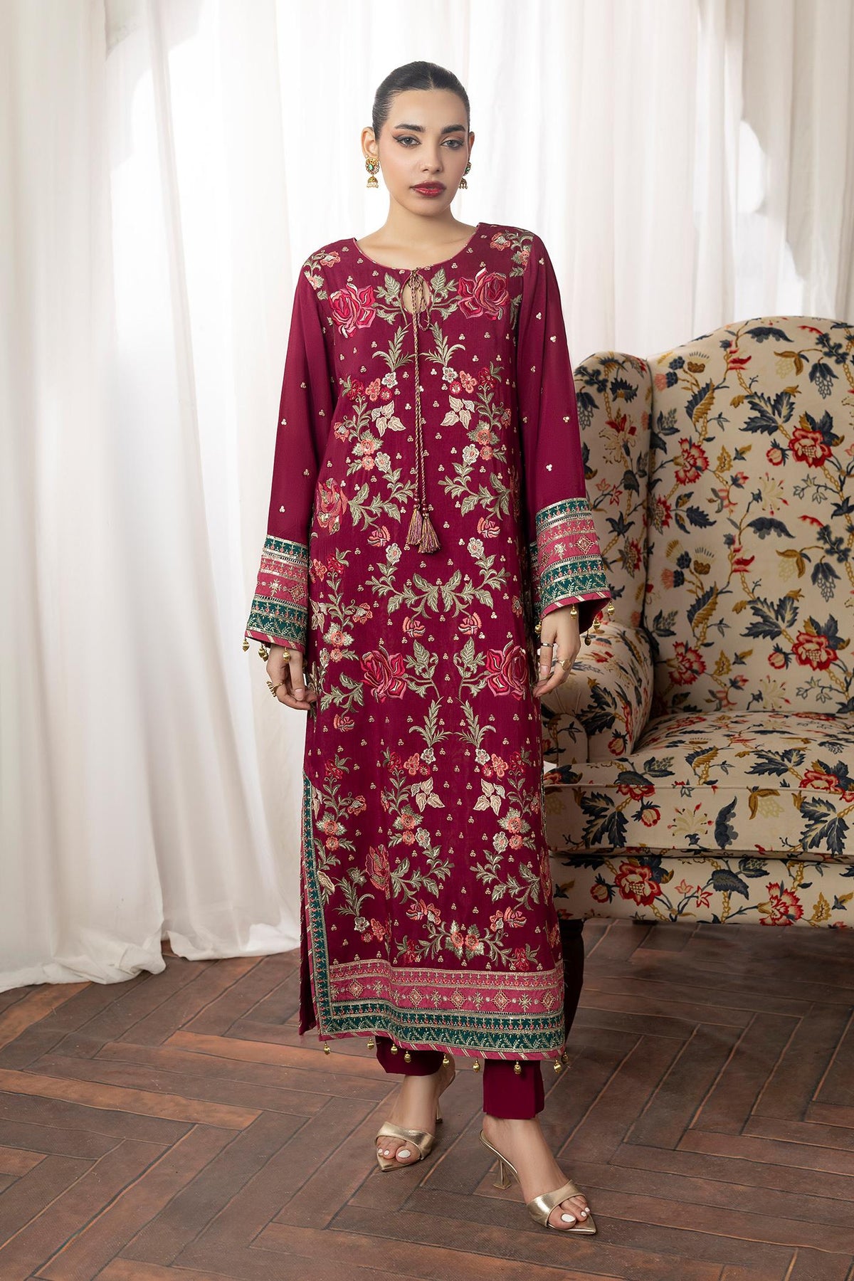 2 Piece Embroidered Raw-Silk Kaftan