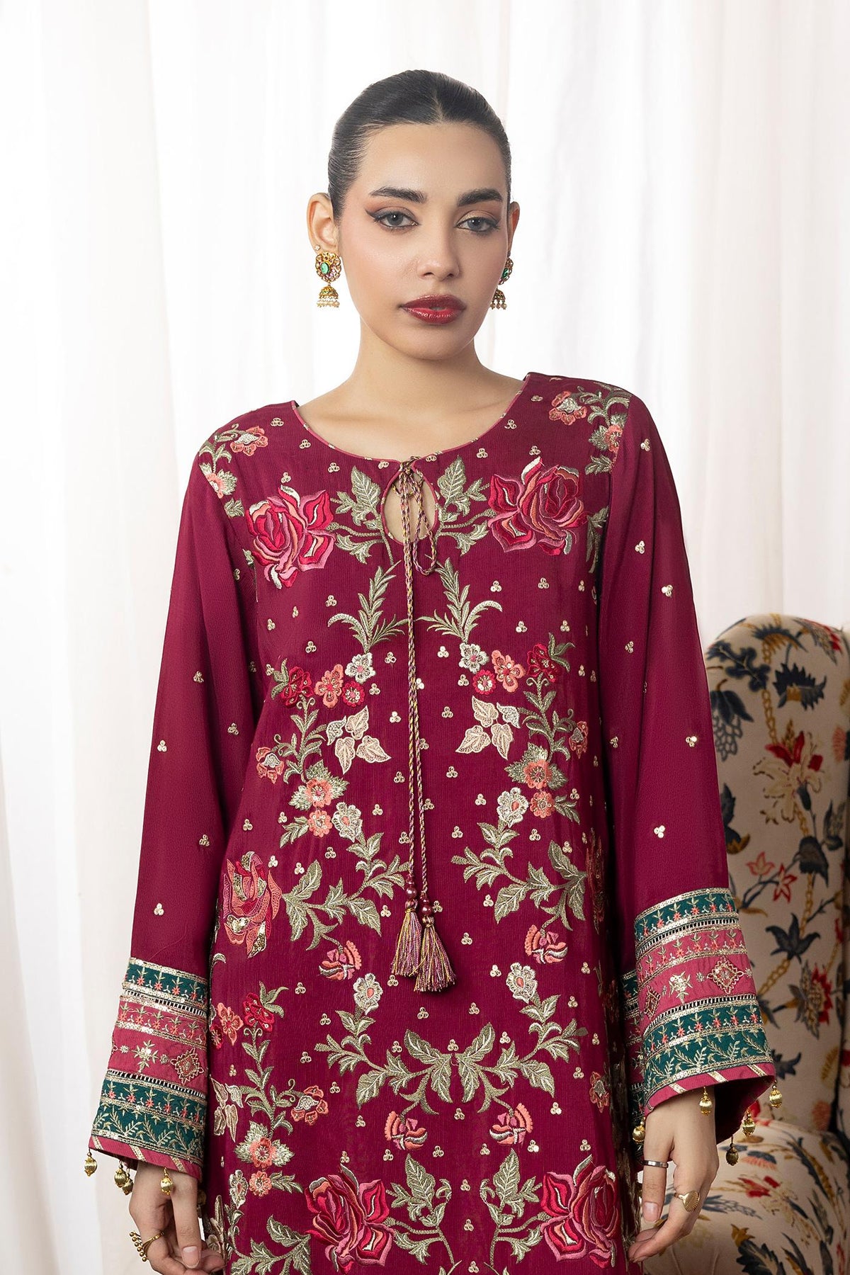 2 Piece Embroidered Raw-Silk Kaftan